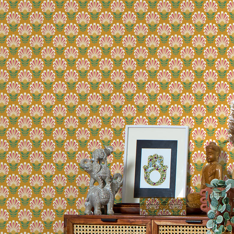 Woodcut Boho Wallpaper in White and Red on Mustard