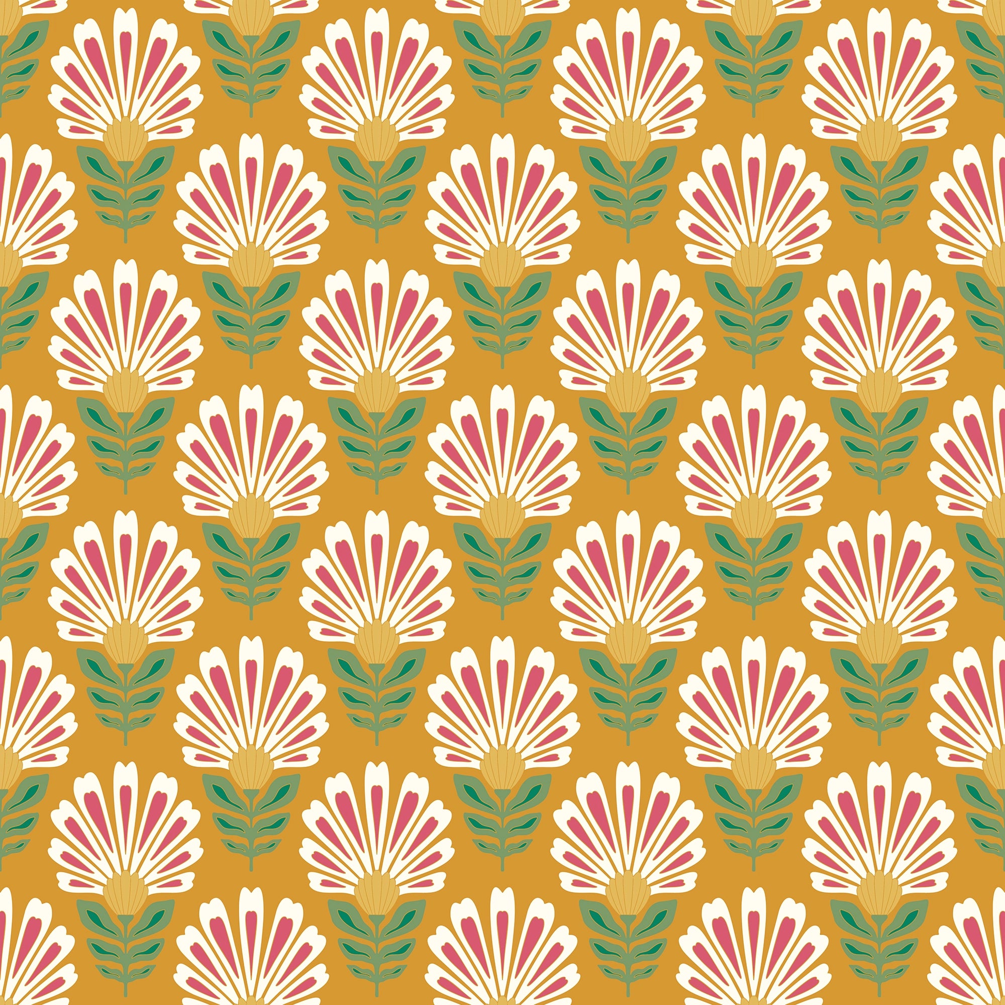 Woodcut Boho Wallpaper in White and Red on Mustard