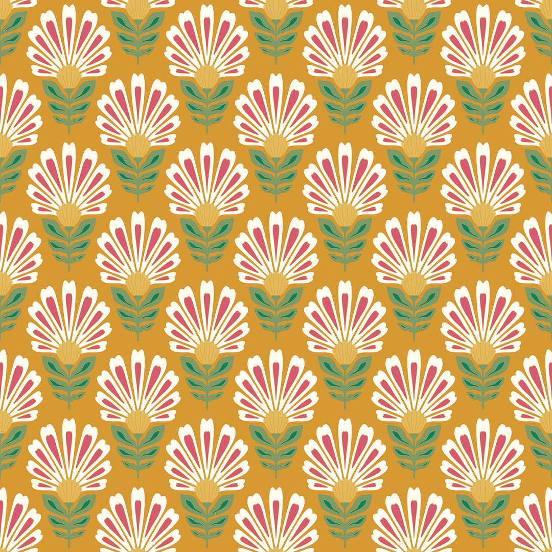 Woodcut Boho Wallpaper in White and Red on Mustard