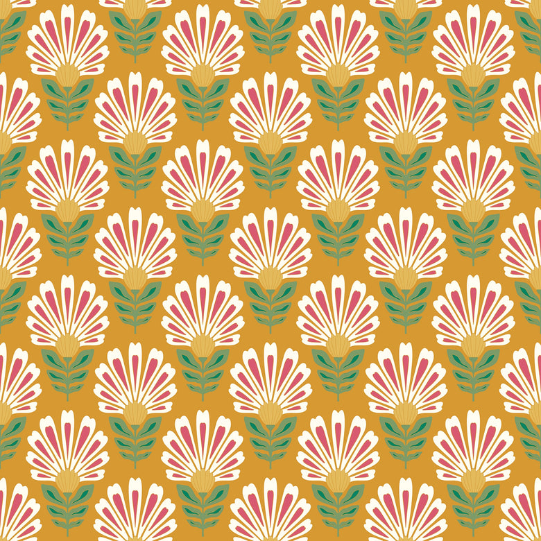 Woodcut Boho Wallpaper in White and Red on Mustard