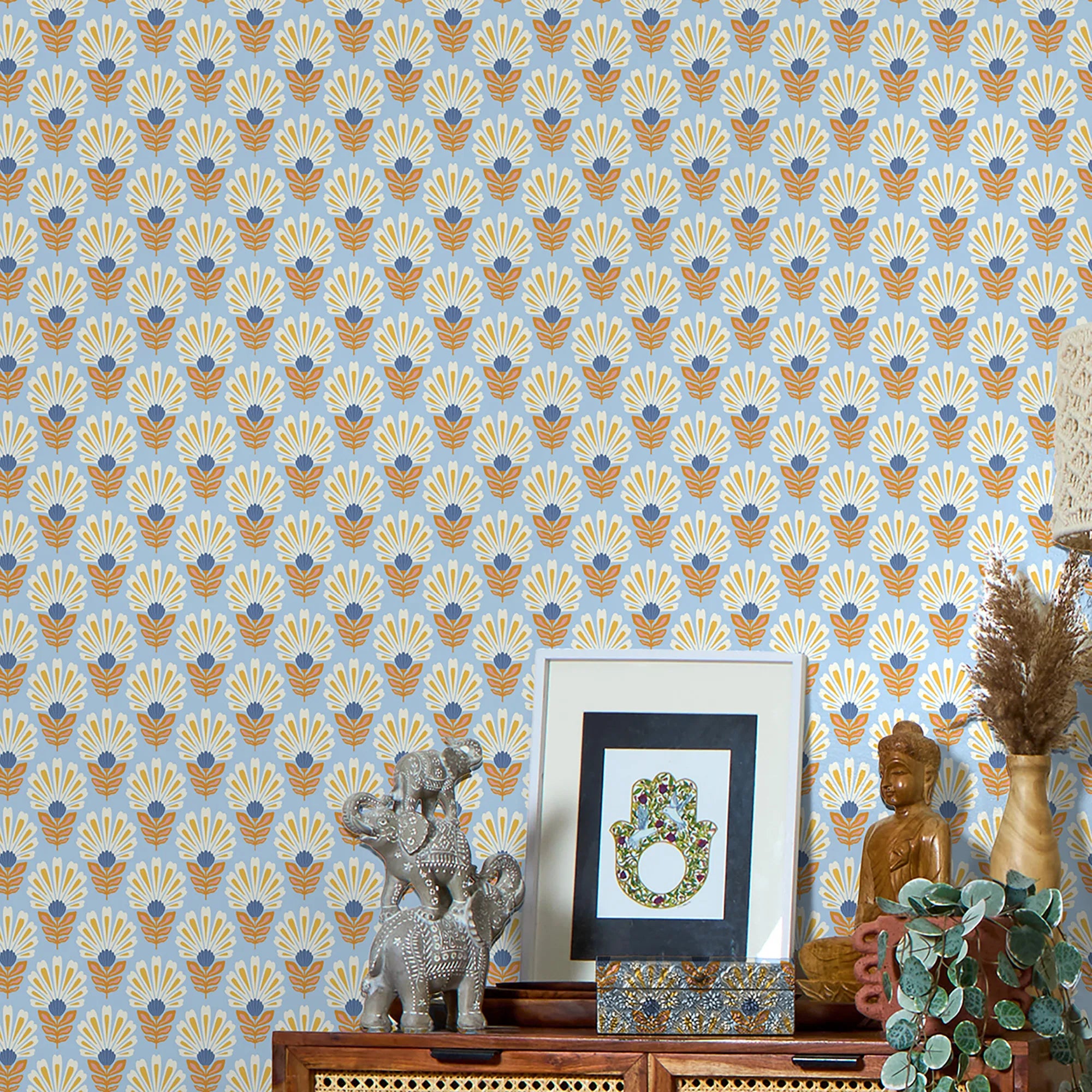 Woodcut Boho Wallpaper in White and Yellow on Sky Blue