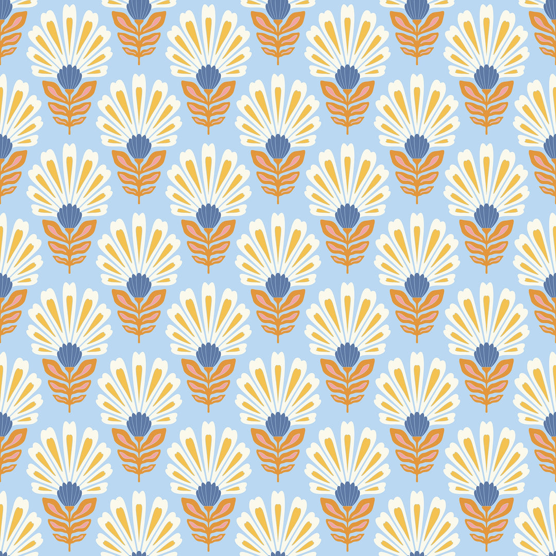 Woodcut Boho Wallpaper in White and Yellow on Sky Blue