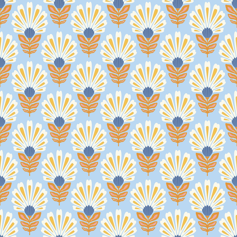 Woodcut Boho Wallpaper in White and Yellow on Sky Blue