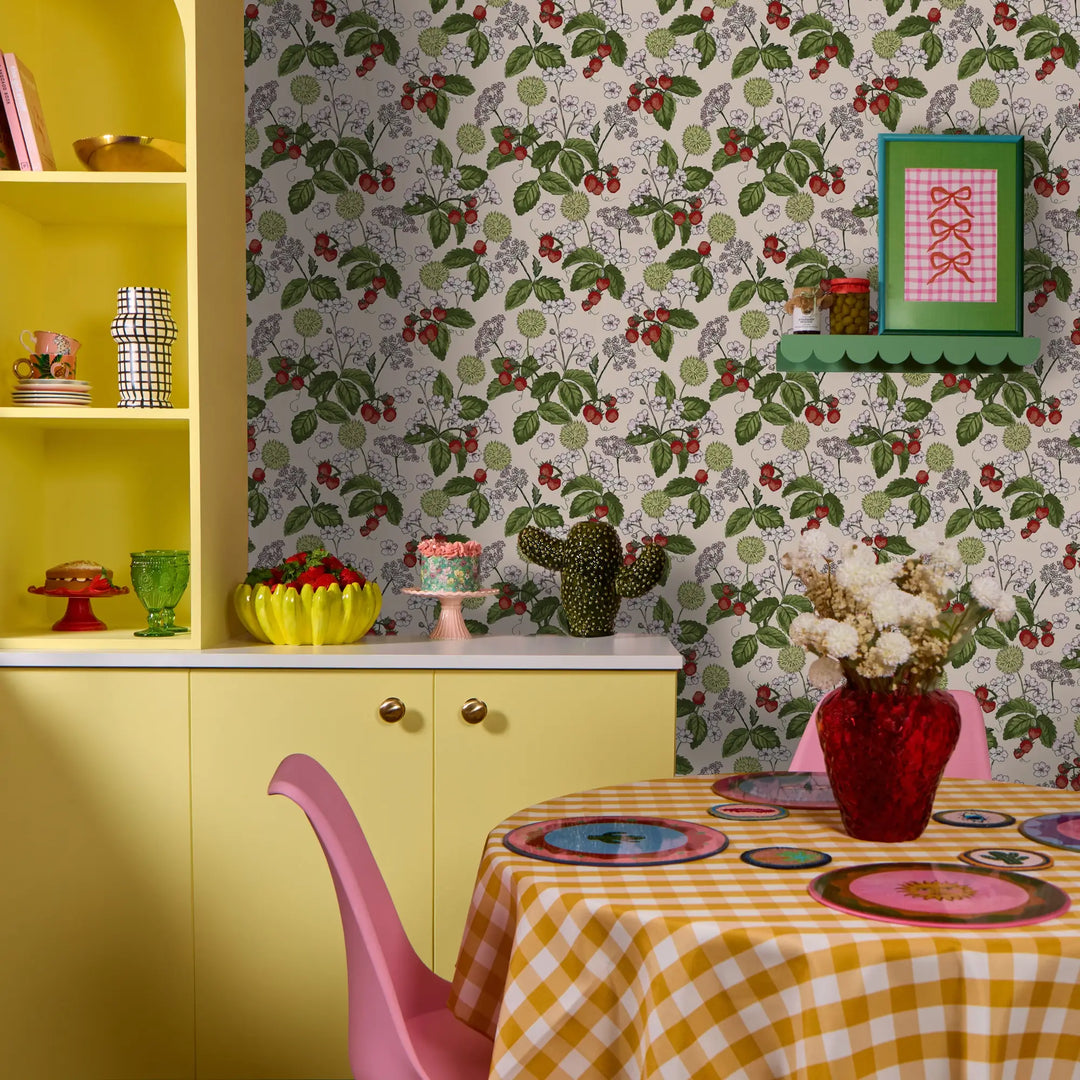 Woodland Strawberry Wallpaper in Vintage Cream