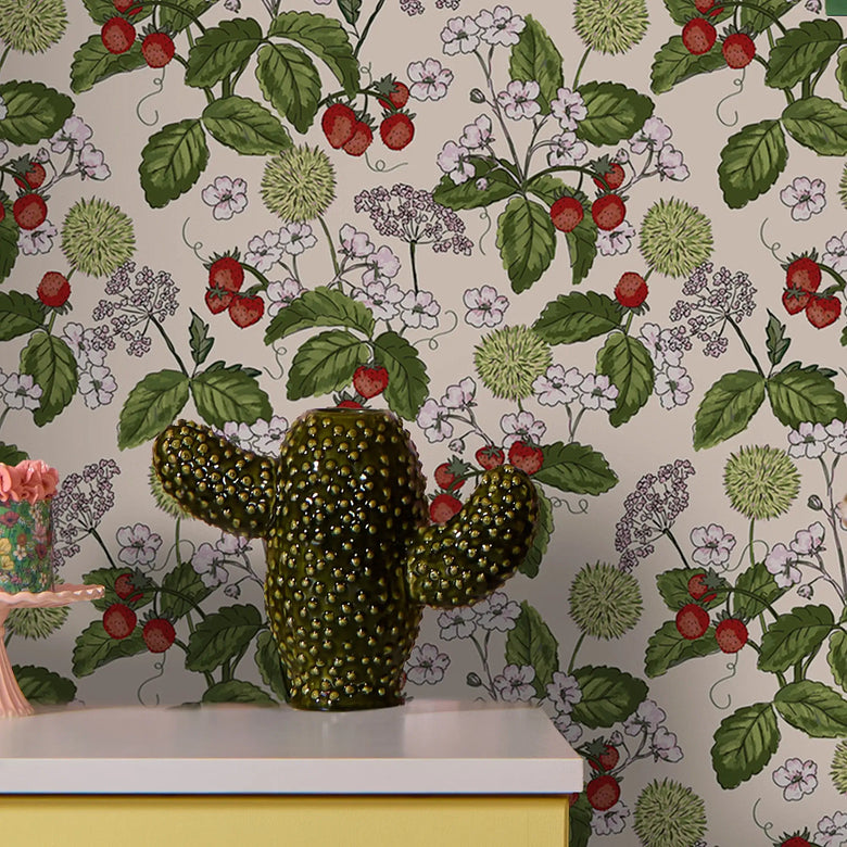 Woodland Strawberry Wallpaper in Vintage Cream