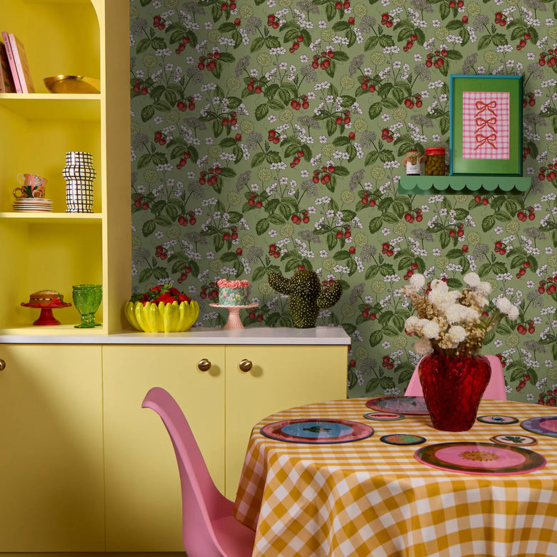 Woodland Strawberry Wallpaper in Soft Moss