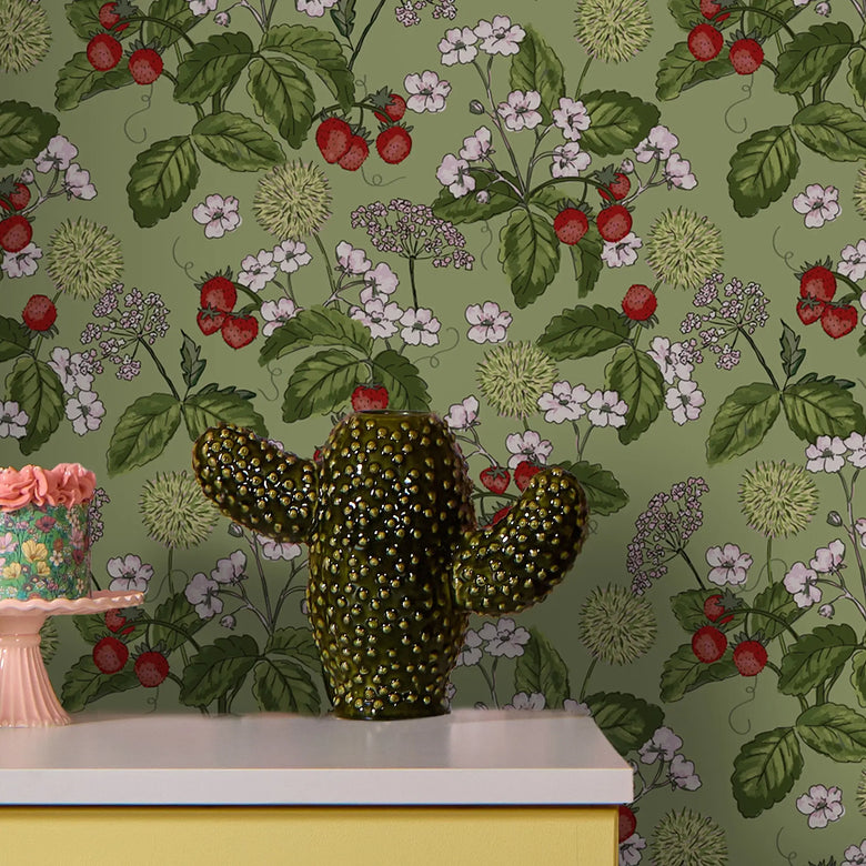 Woodland Strawberry Wallpaper in Soft Moss