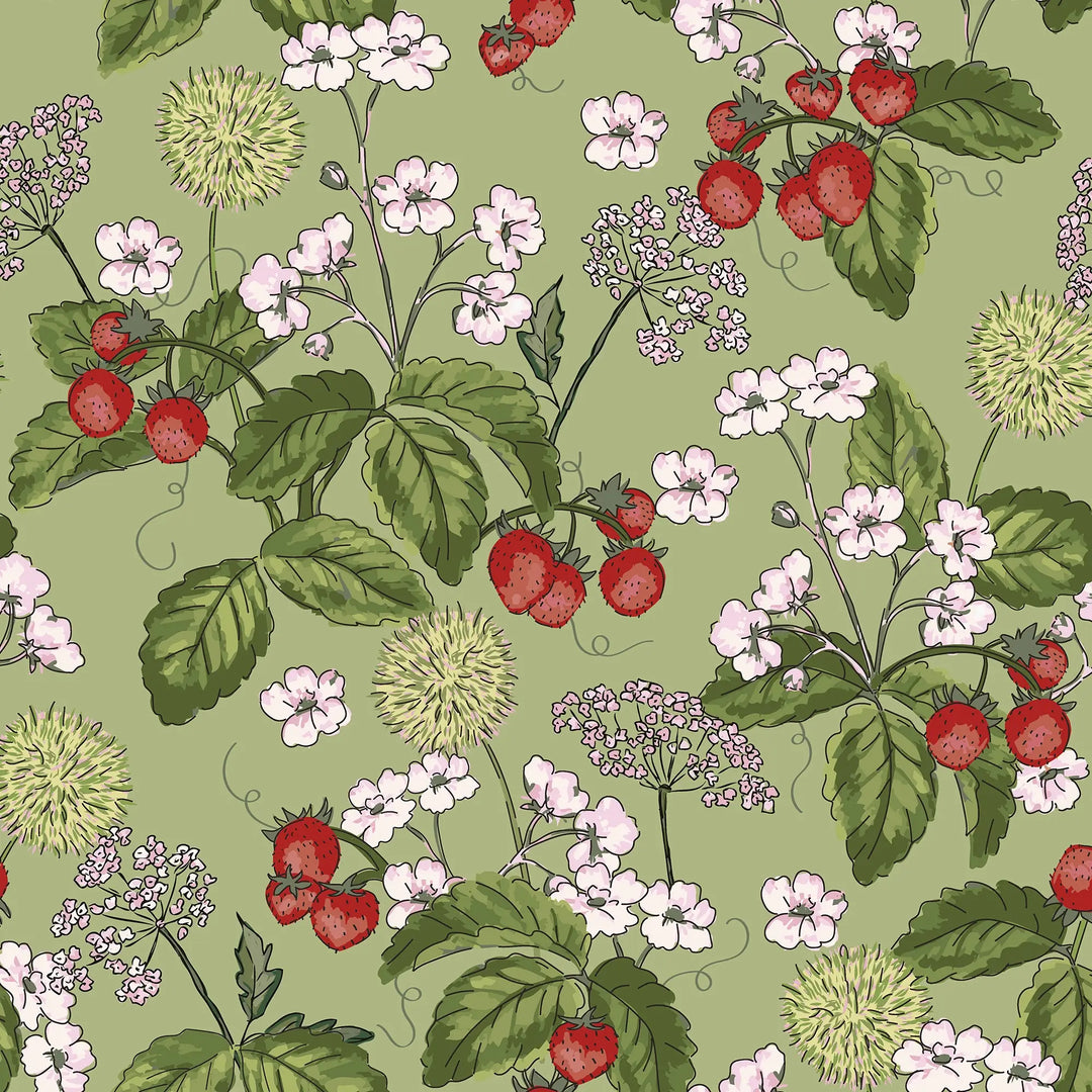 Sample of Woodland Strawberry Wallpaper in Soft Moss