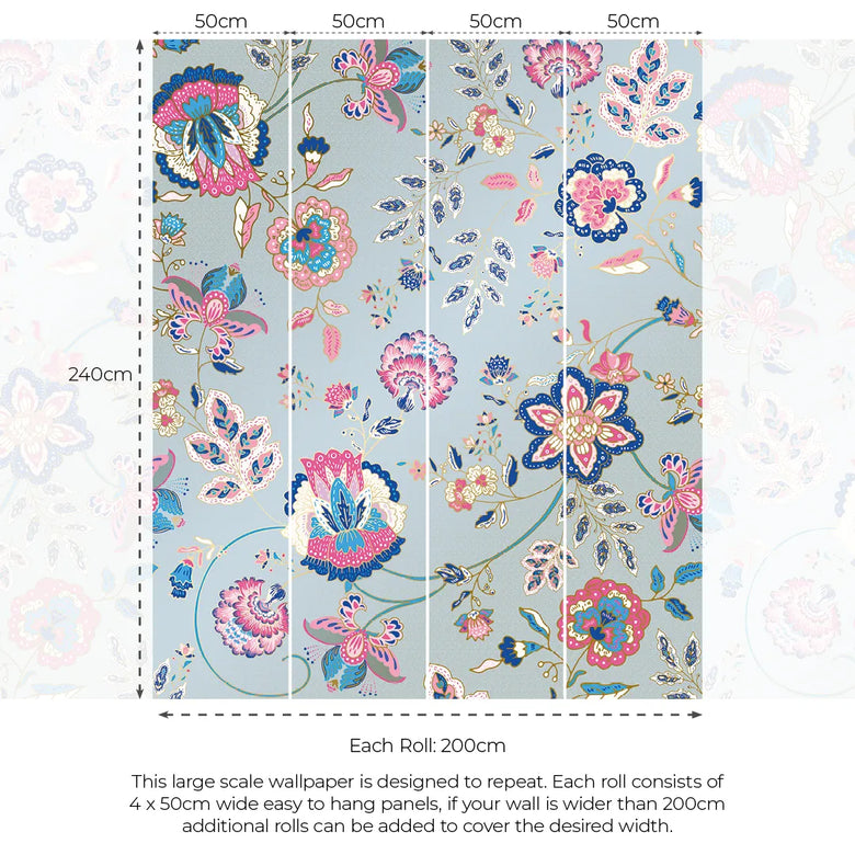 Blooming Bonanza Wallpaper in Cobalt Blue and Raspberry on Sky Blue with Gold Foil