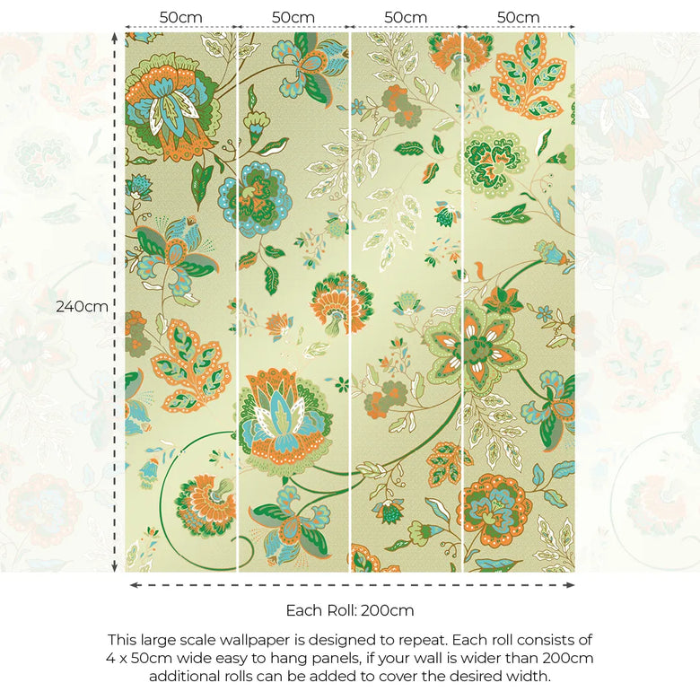 Blooming Bonanza Wallpaper in Turquoise and Orange on Light Green with Gold Foil