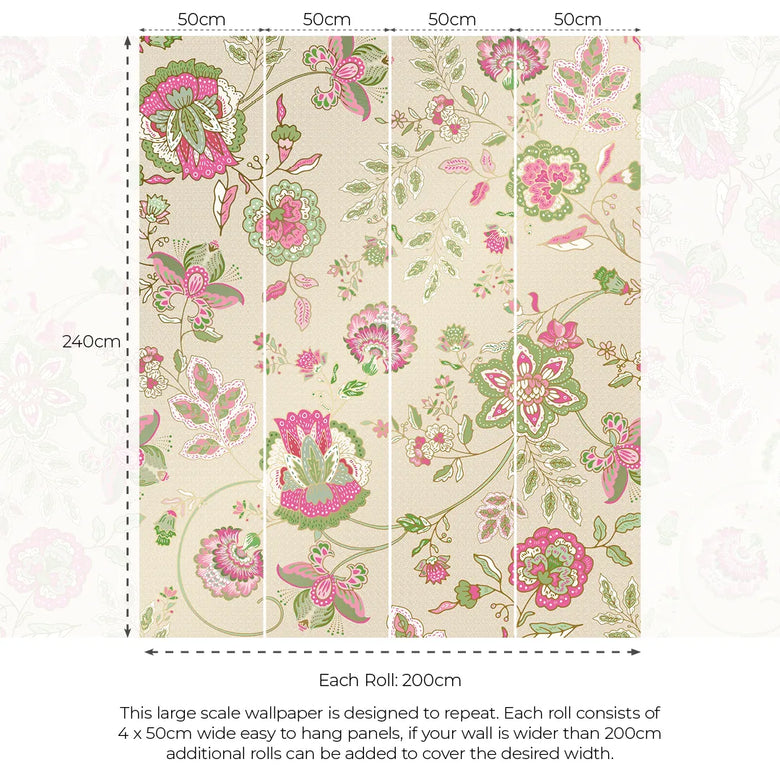 Blooming Bonanza Wallpaper in Green and Raspberry on Cream with Gold Foil