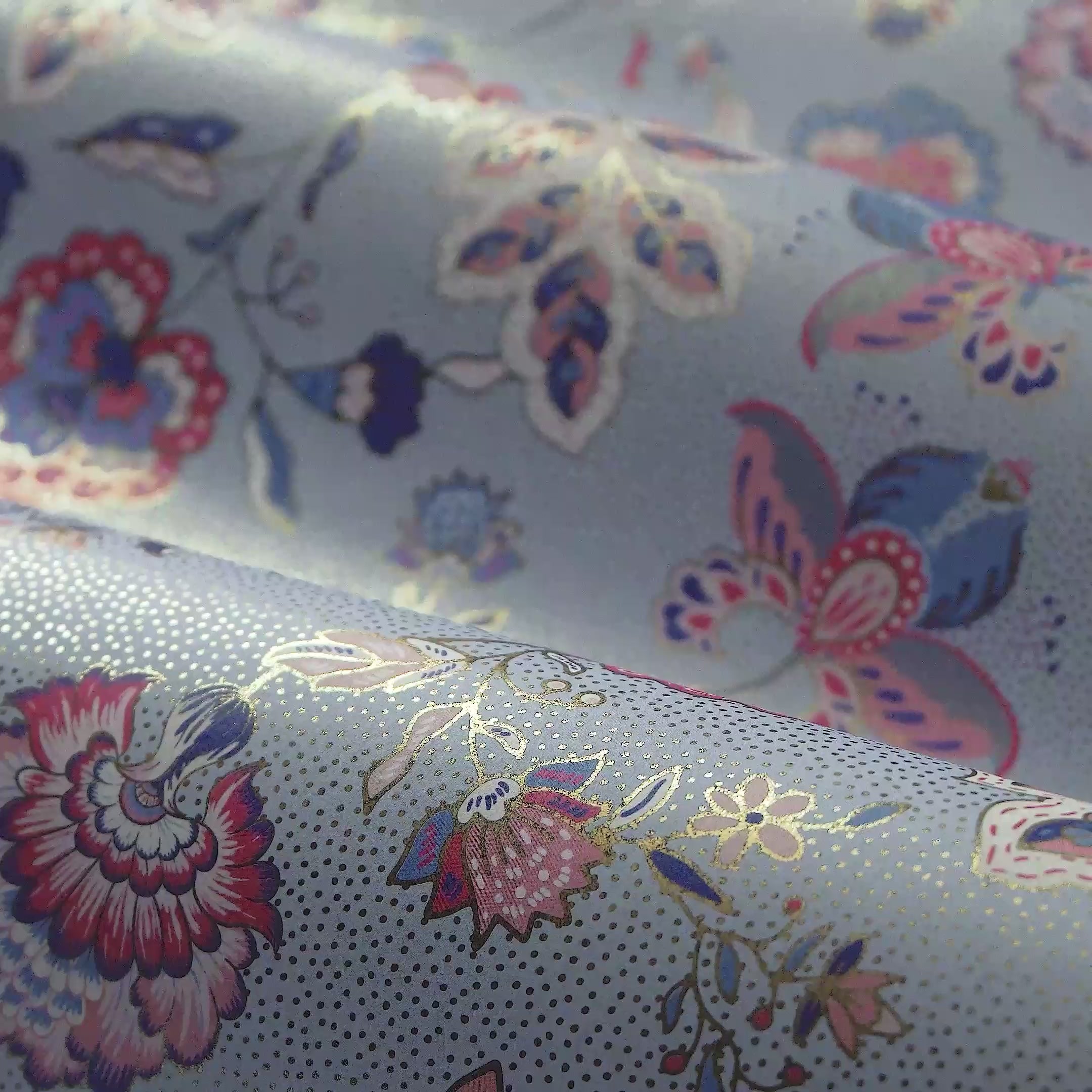 Blossoming Boho Wallpaper in Cobalt Blue and Raspberry on Sky Blue with Gold Foil