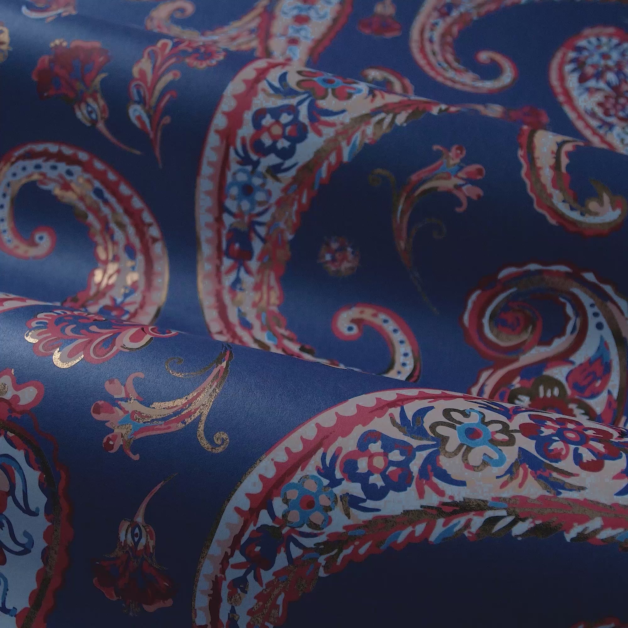 Paisley Passion Wallpaper in Cobalt Blue and Raspberry on Navy with Gold Foil