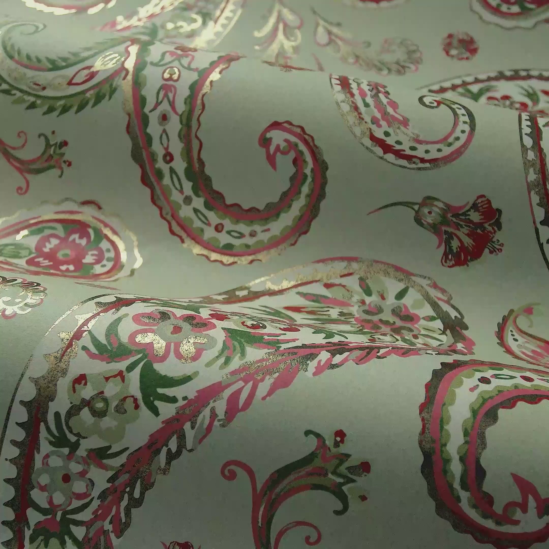 Paisley Passion Wallpaper in Greens and Raspberry on Sage with Gold Foil