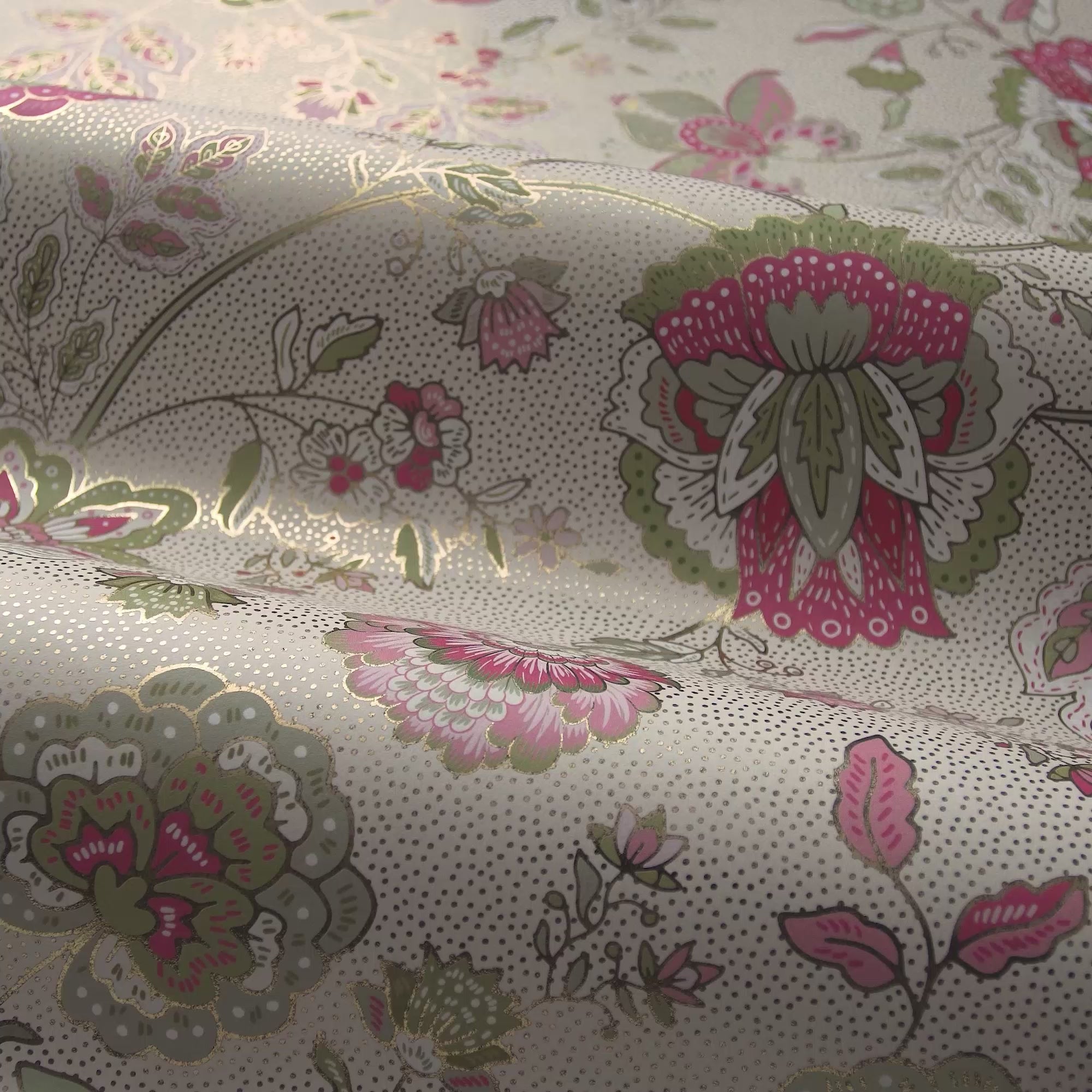 Blossoming Boho Wallpaper in Greens and Raspberry on Cream with Gold Foil
