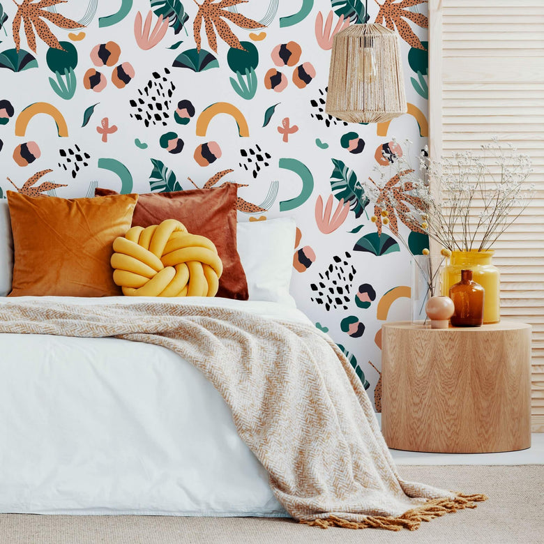 Bedroom with Peach and Teal Wallpaper