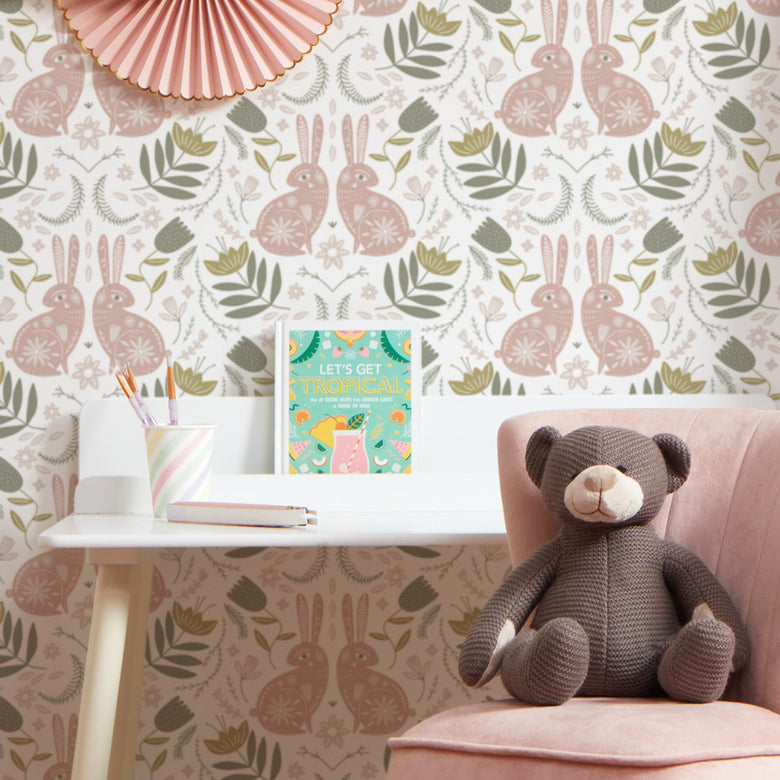 Bunny Tales Wallpaper in Peony Pink and Muted Grey