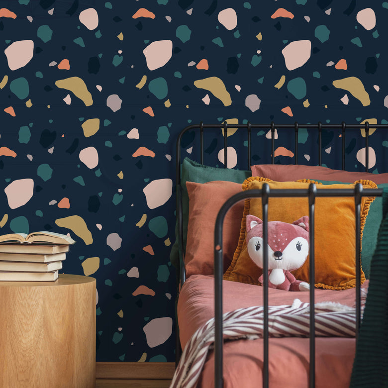 Asteroid children's room wallpaper with a navy background
