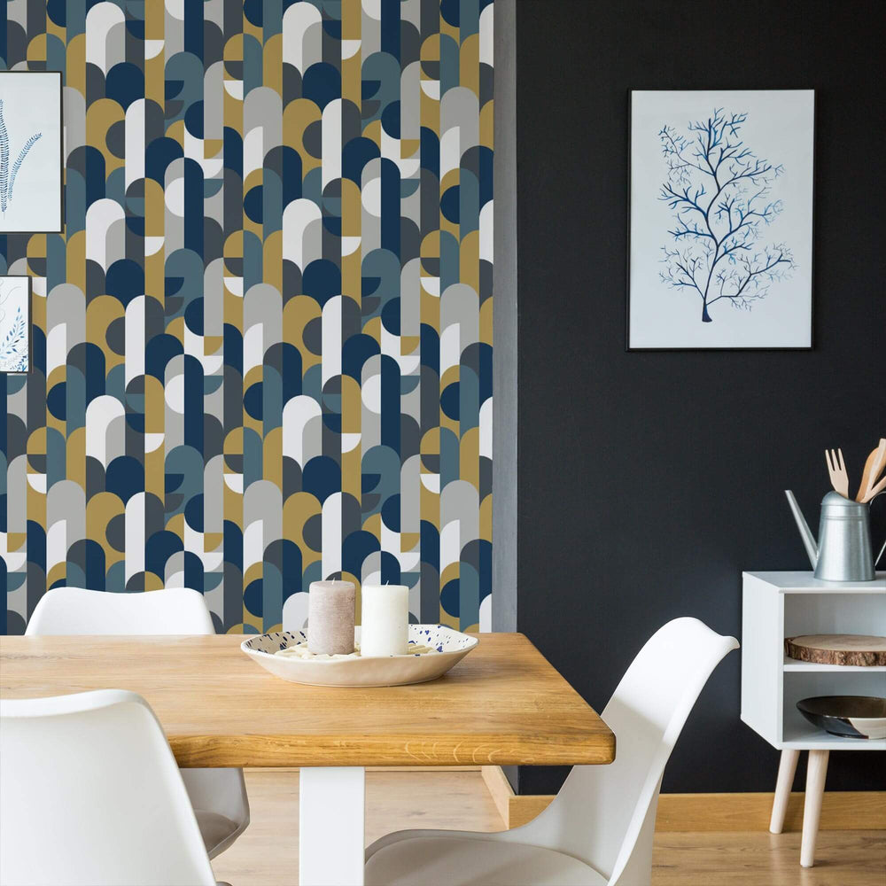 Abstract geometric blue grey and coral Pattern Wallpaper for Walls