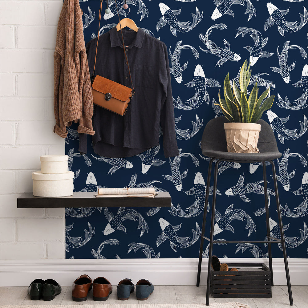 Carpe Diem Wallpaper in Indigo Blue and White