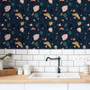 Asteroid filled kitchen wallpaper with a navy background