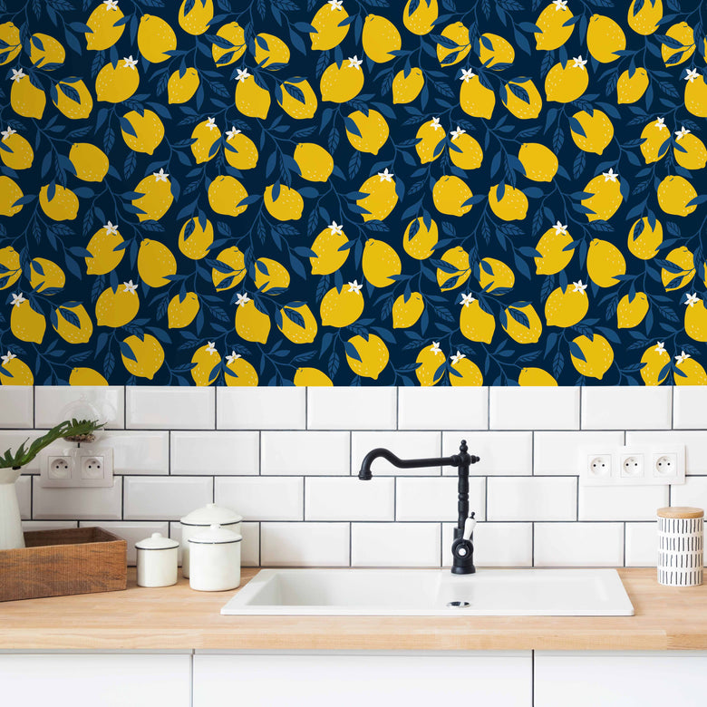 Kitchen with Blue and Yellow Lemon Wallpaper