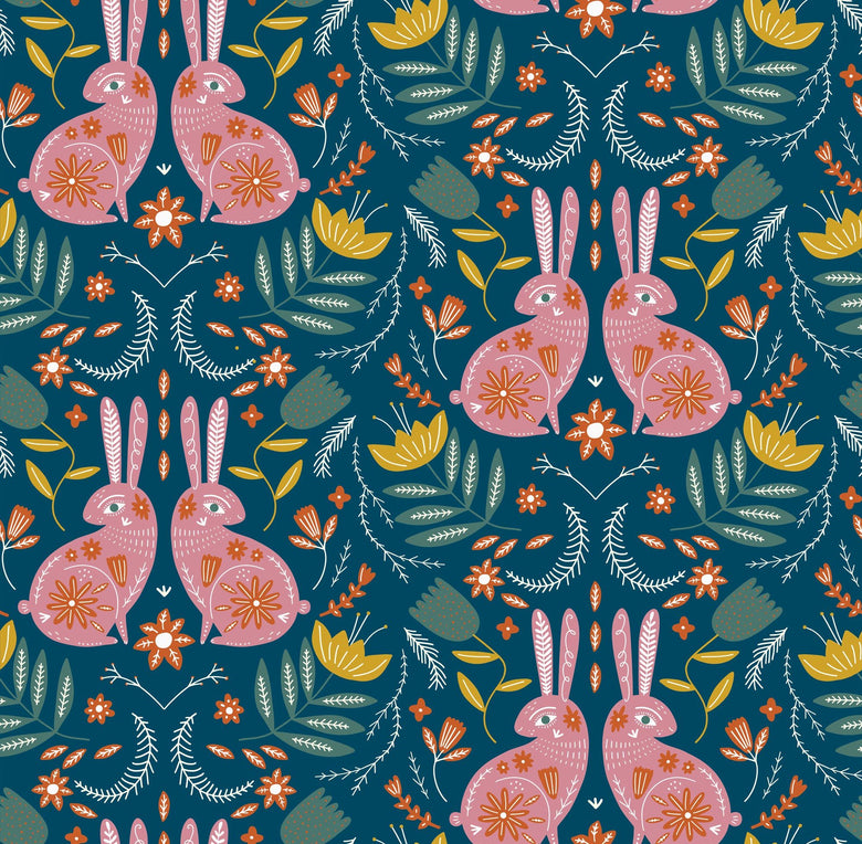Sample of Bunny Tales Wallpaper in Teal and Cherry Blossom