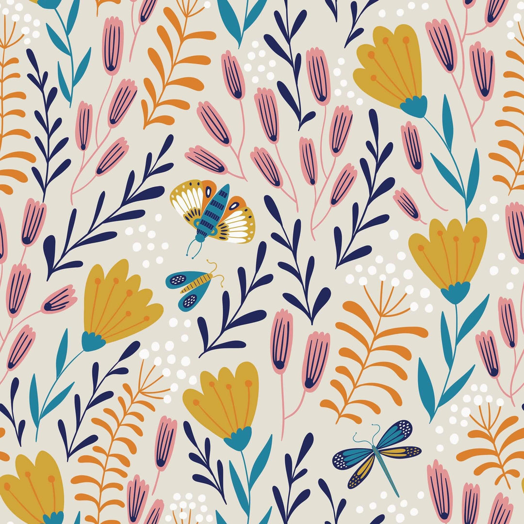 Hand Drawn Floral and Butterfly Wallpaper