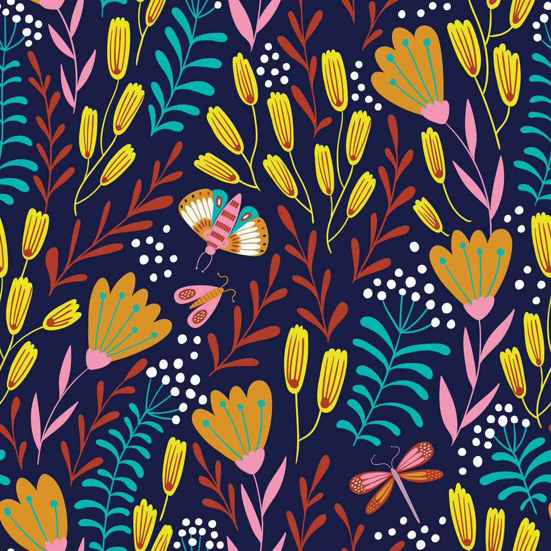 Sample of Garden of Eden Wallpaper in Indigo Blue, Sunshine Yellow and Teal