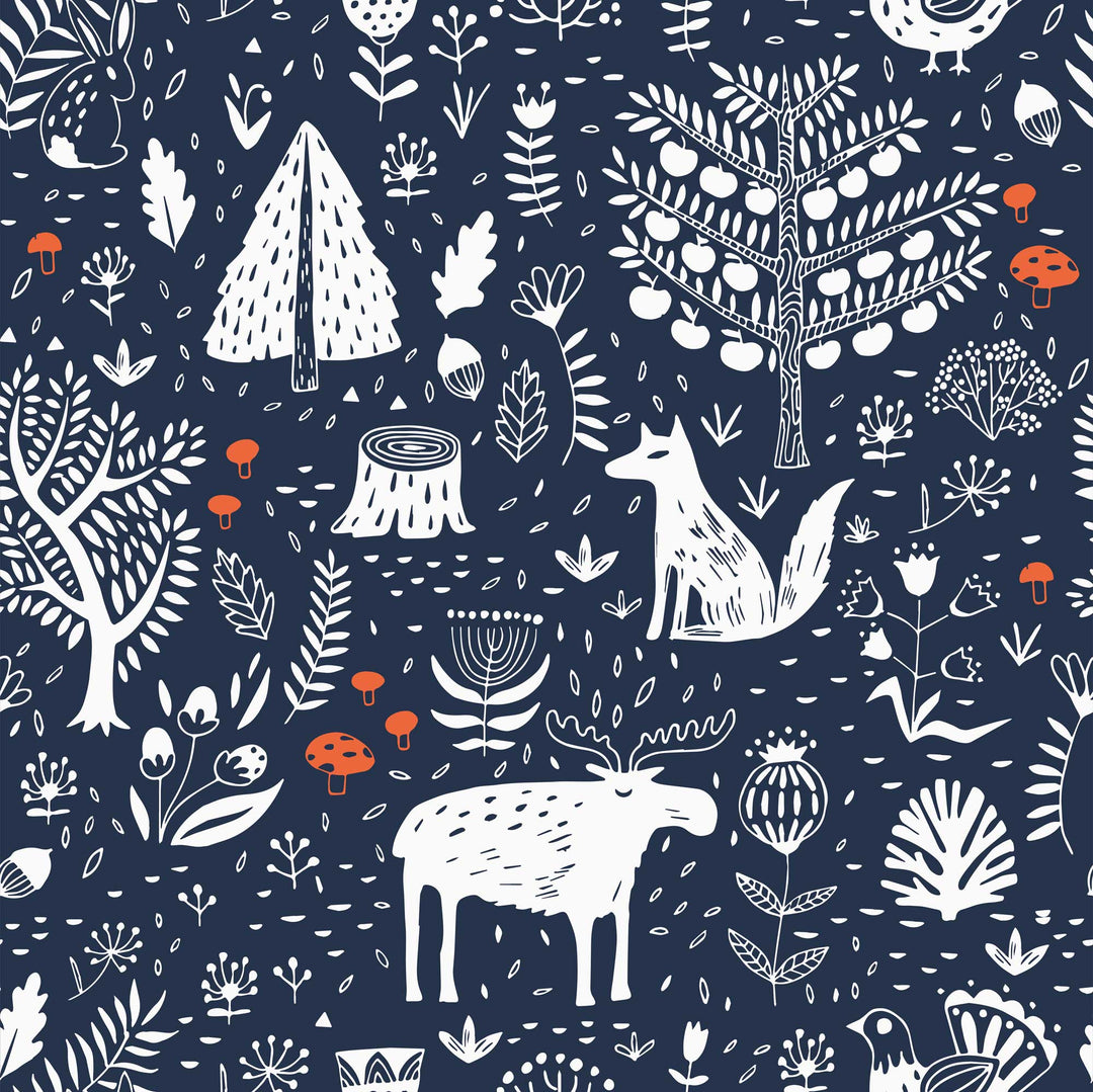 Sample of Moose in The Hoose Wallpaper in Midnight Navy and Crimson Accent