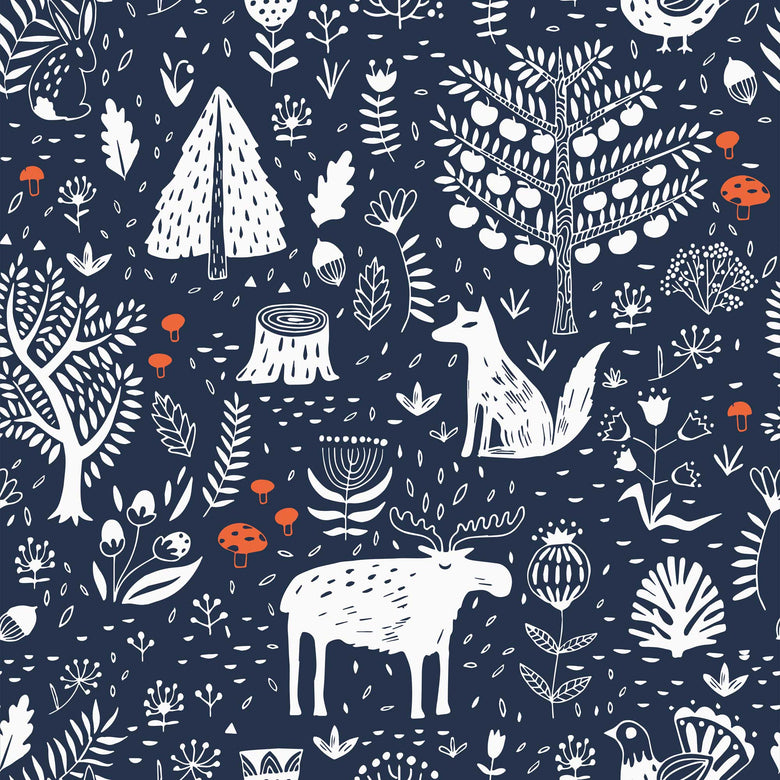 Sample of Moose in The Hoose Wallpaper in Midnight Navy and Crimson Accent
