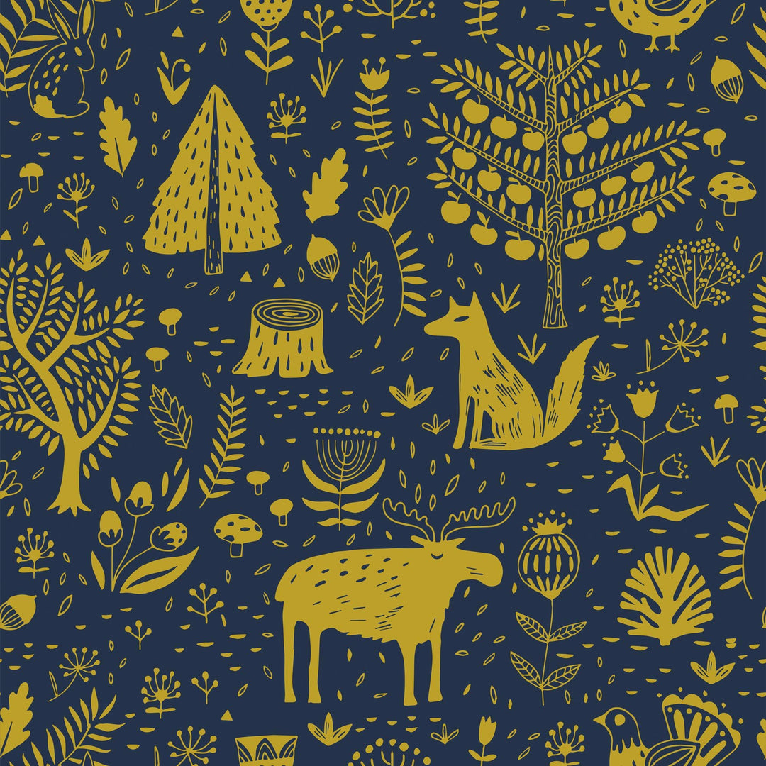 Sample of Moose in The Hoose Wallpaper in Midnight Blue and Mustard