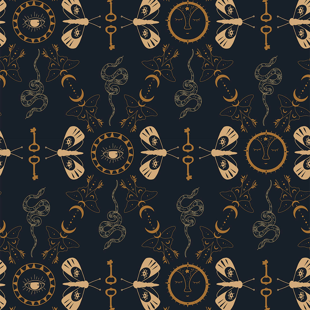 Spellbound Wallpaper in Midnight Blue and Mustard