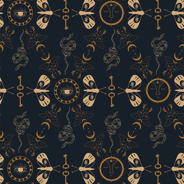 Spellbound Wallpaper in Midnight Blue and Mustard
