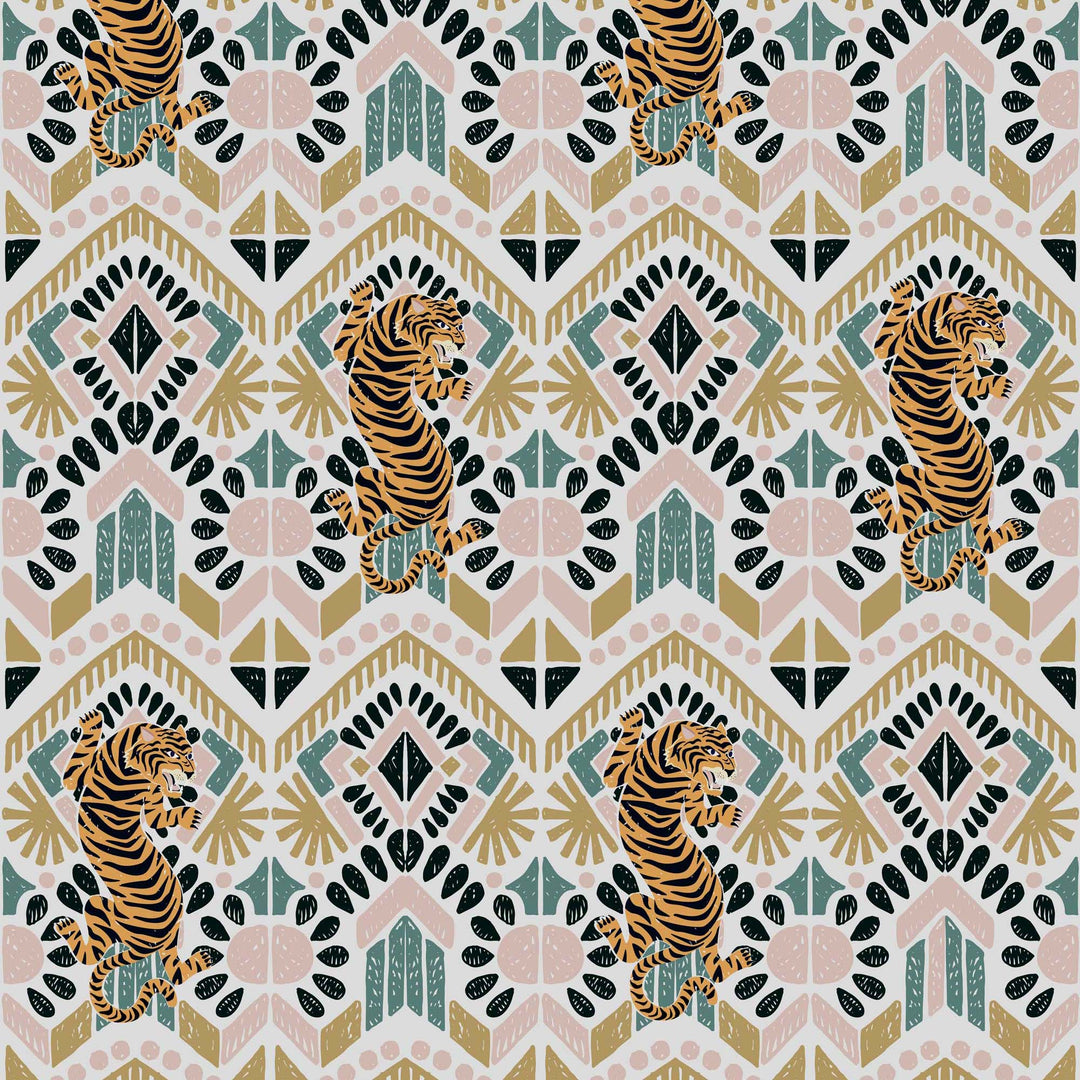 Sample of Clawdia Wallpaper in Blush, Mustard and Pine Green