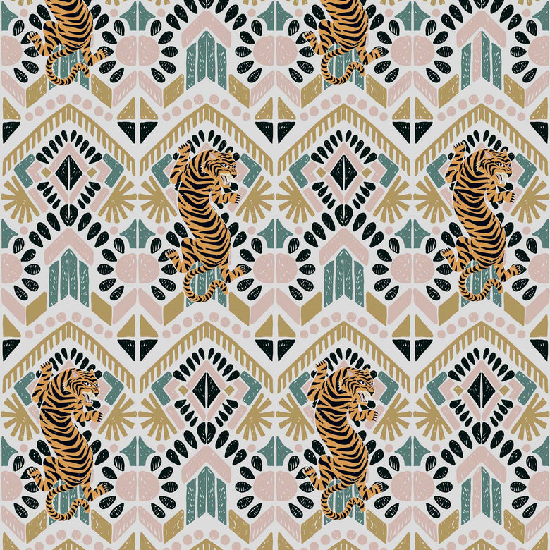 Sample of Clawdia Wallpaper in Blush, Mustard and Pine Green