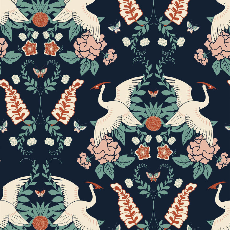 Sample of Master Crane Wallpaper in Oxford Blue, Duck Egg and Peony Pink