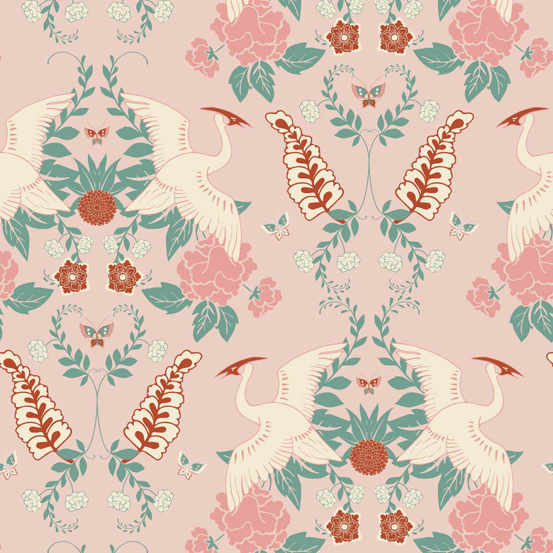 Sample of Master Crane Wallpaper in Cloud Pink, Duck Egg and Quartz Pink