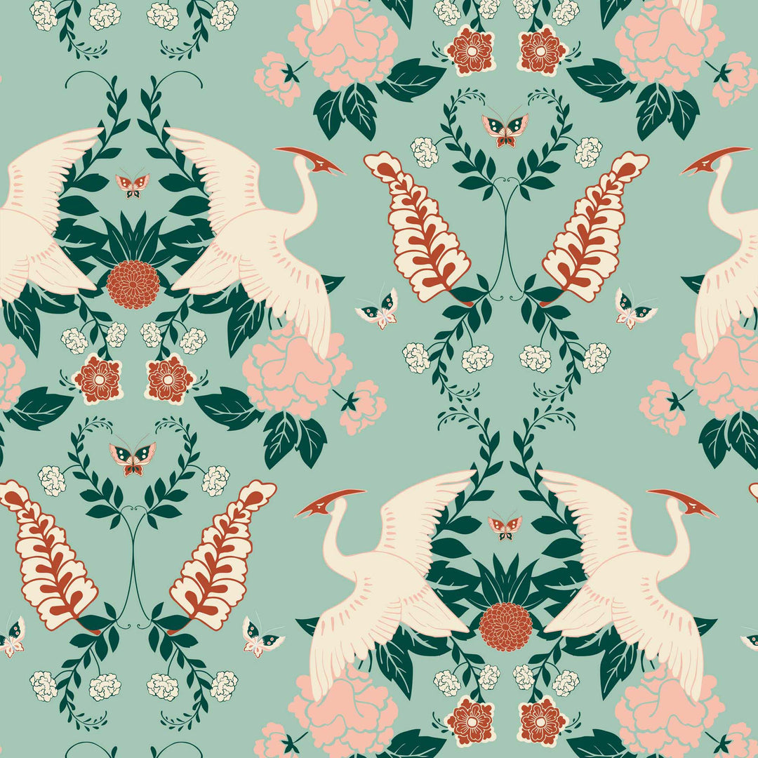 Sample of Master Crane Wallpaper in Duck Egg, Emerald Green and Peony Pink