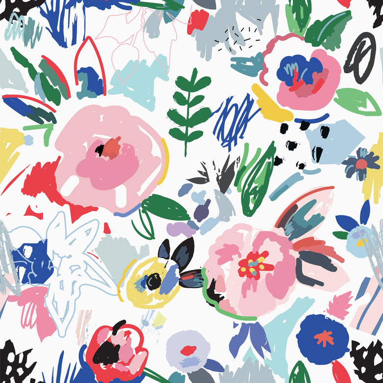White Scribble Floral Wallpaper