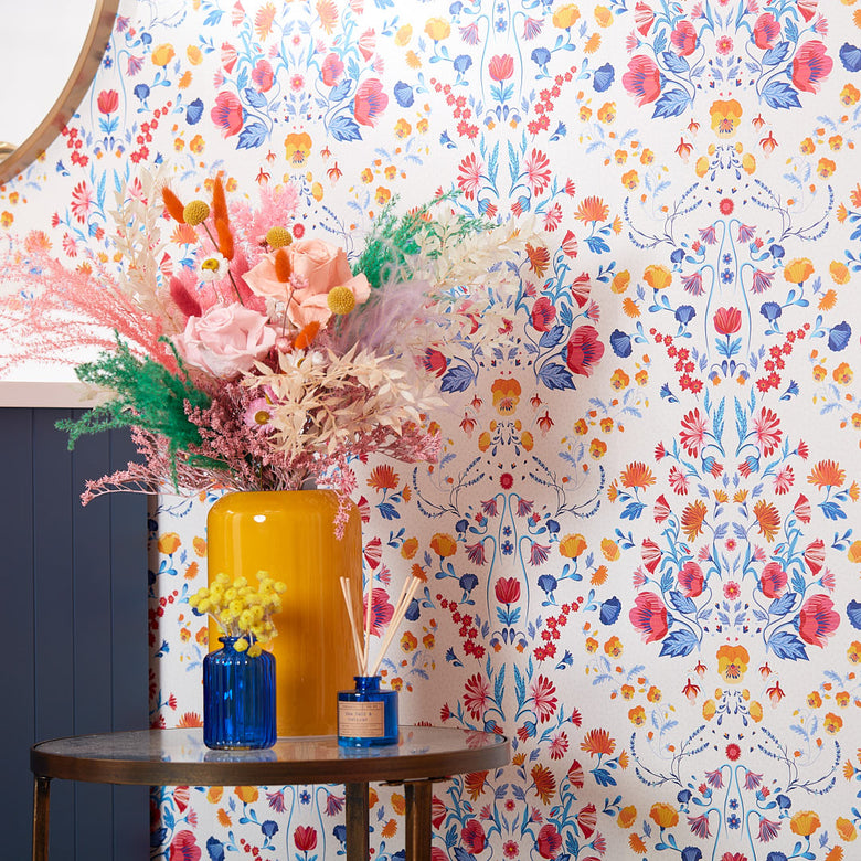 Forget Me Not Wallpaper in Citrus, Fuchsia and Cobalt Blue