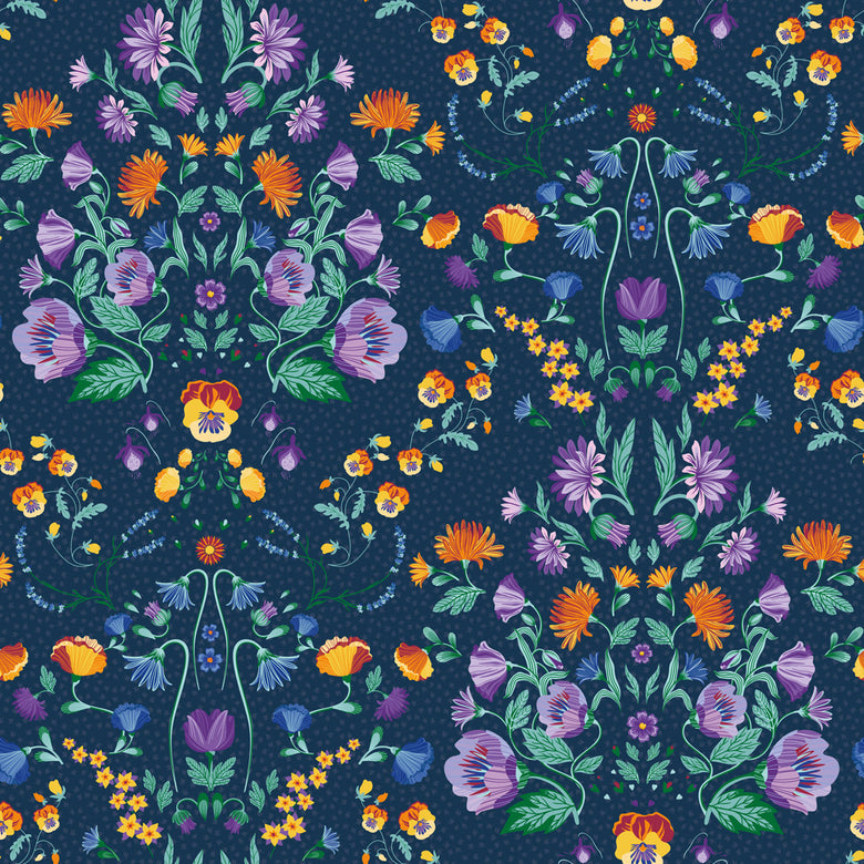 Forget Me Not Wallpaper in Navy, Pansy Purple, Fern and Citrus