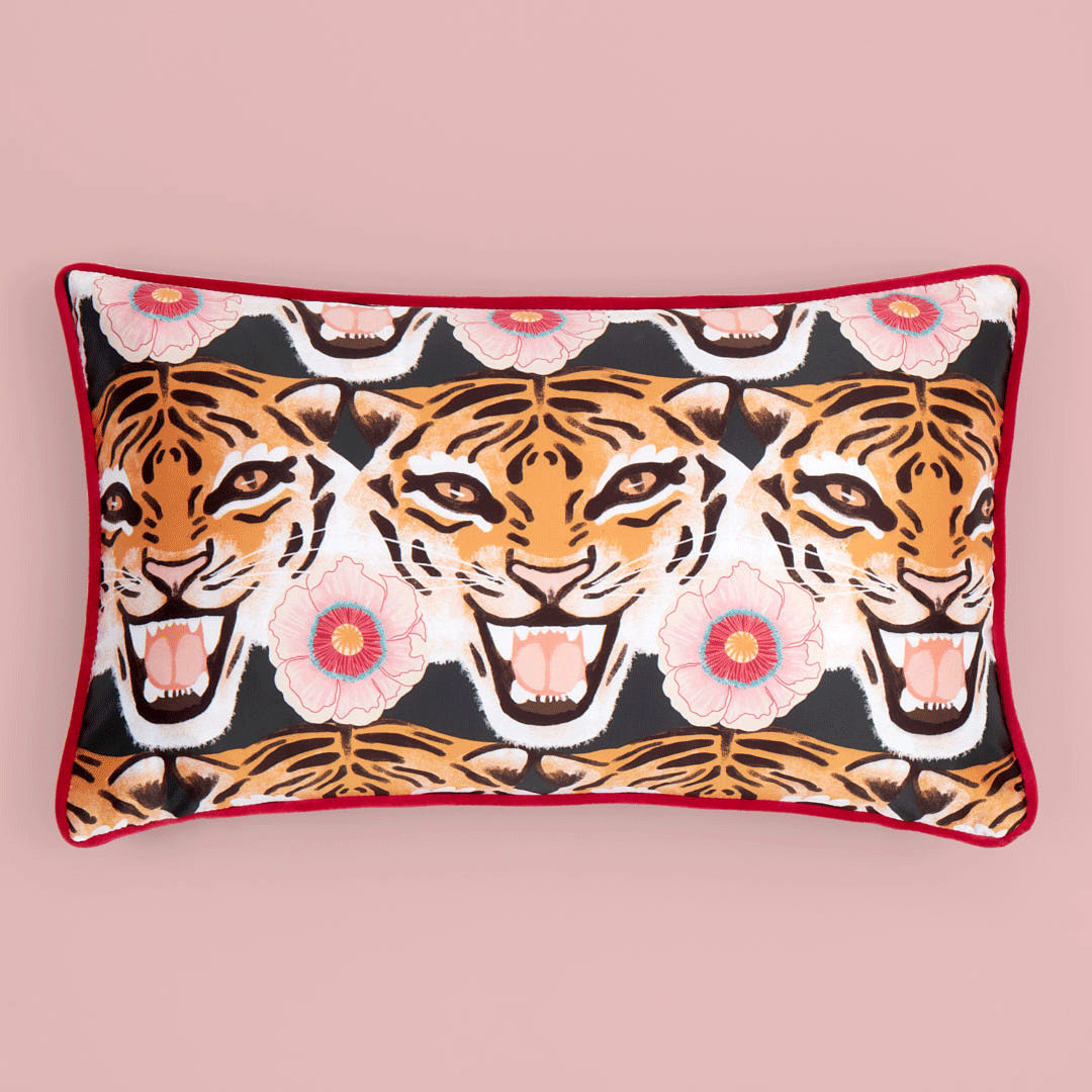 Tigerlily Cushion in Emerald Green, Pink and Orange