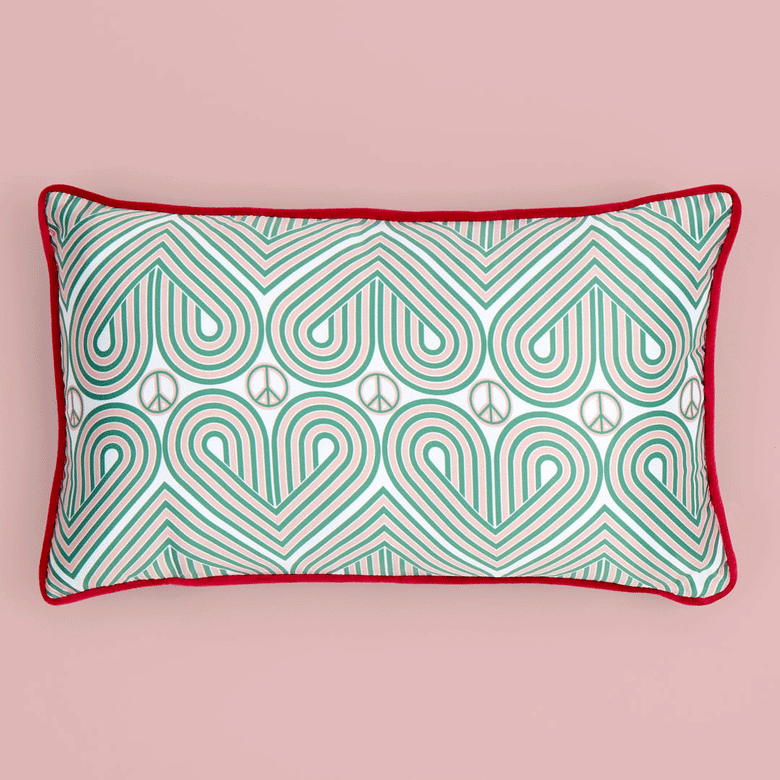 Peace and Love Cushion in Mint and Pink