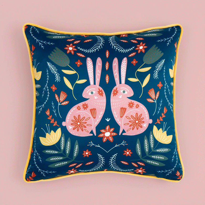 Bunny Tales Cushion in Teal and Cherry Blossom