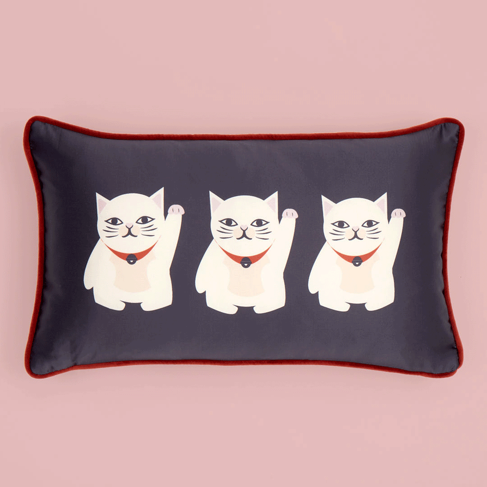 Lucky Cat Cushion in Navy, Jasmine White and Crimson – Lust Home