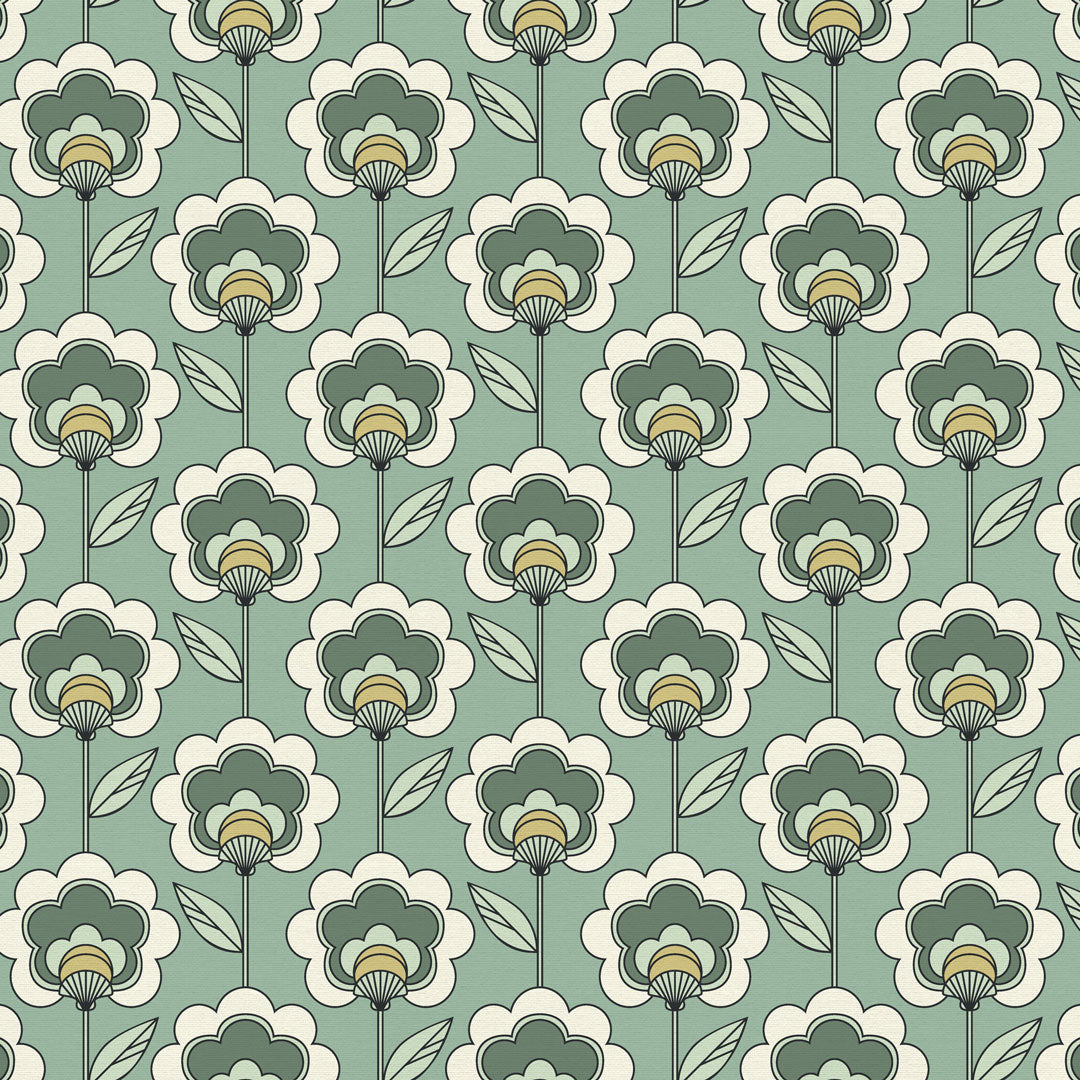 Happy Glamper Wallpaper in Sage, Elderflower and Vintage Cream