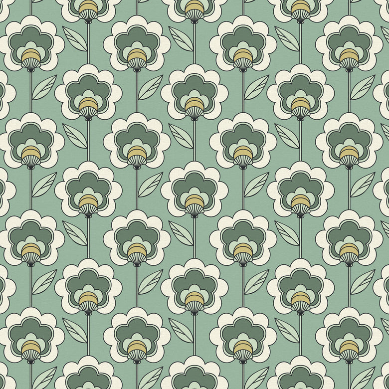 Happy Glamper Wallpaper in Sage, Elderflower and Vintage Cream