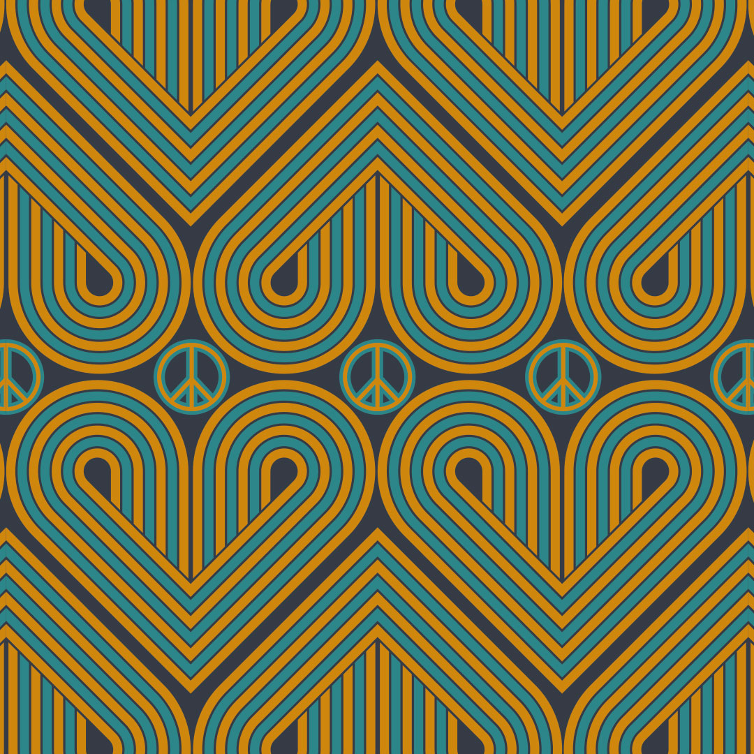Sample of Peace and Love Wallpaper in Mustard and Teal on Silent Cave