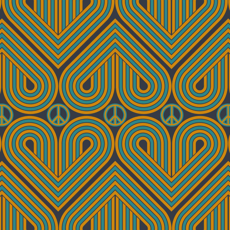 Sample of Peace and Love Wallpaper in Mustard and Teal on Silent Cave